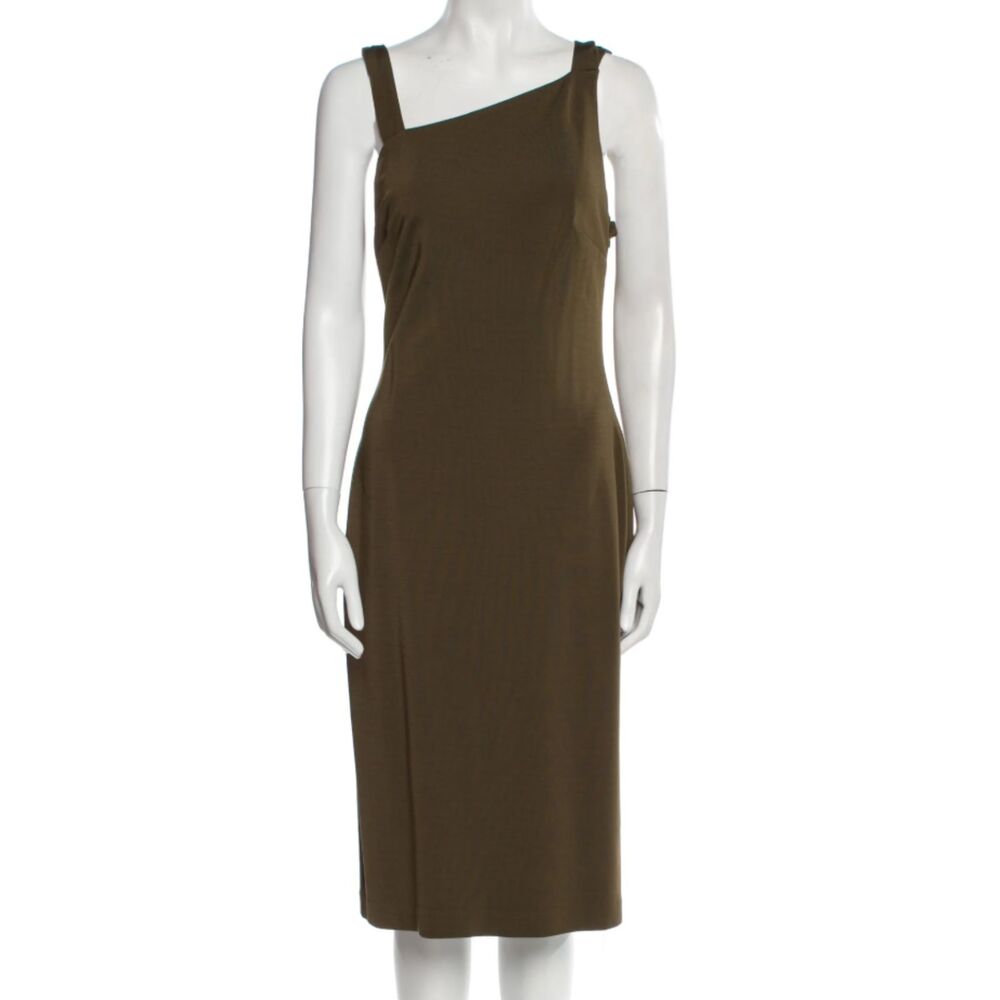 ~ Lauren Ralph Lauren 8 Cocktail Dress LRL Lined Midi Stretch Olive Asymmetrical - Picture 2 of 16